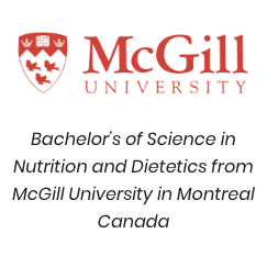 McGill University logo with text beneath it: "Bachelor’s of Science in Nutrition and Dietetics from McGill University in Montreal Canada"