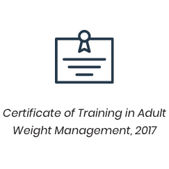 Certificate icon with text beneath it: "Certificate of Training in Adult Weight Management, 2017"