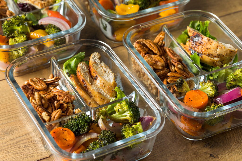chicken and vegetable lunch in glass meal prep containers