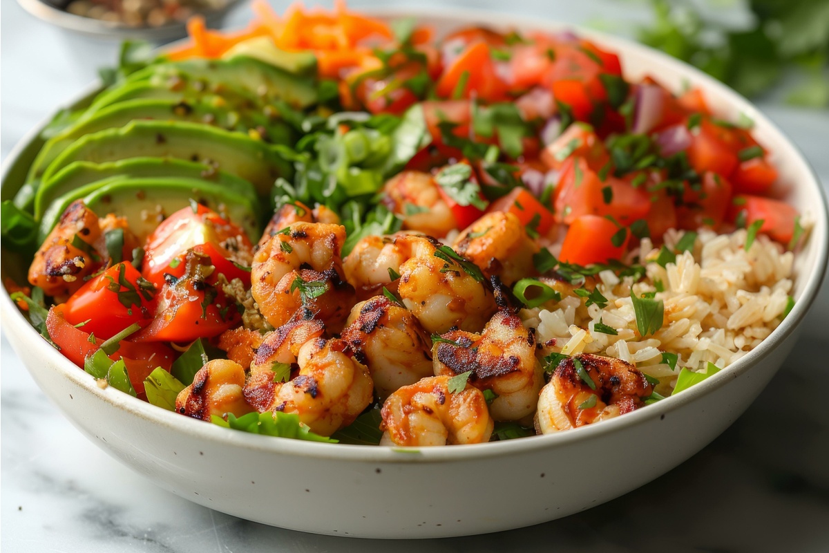 Brown Rice Shrimp Bowl with Tomatoes and Avocado