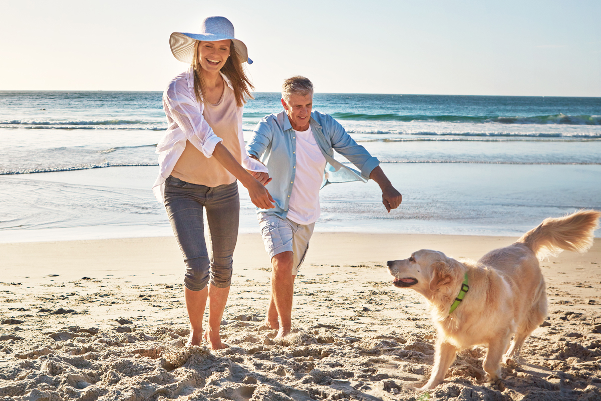 couple playing with dog on the beach outdoor activity concept