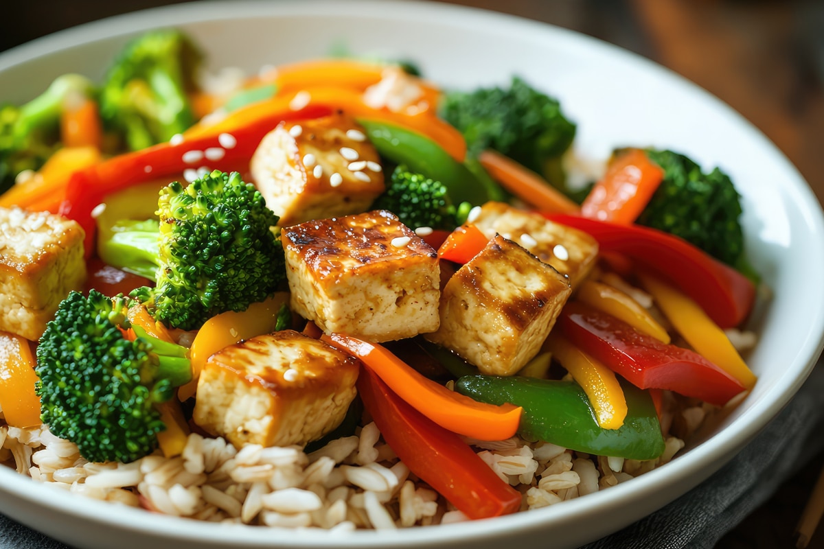 Stir-fry with tofu, broccoli, bell peppers, and brown rice